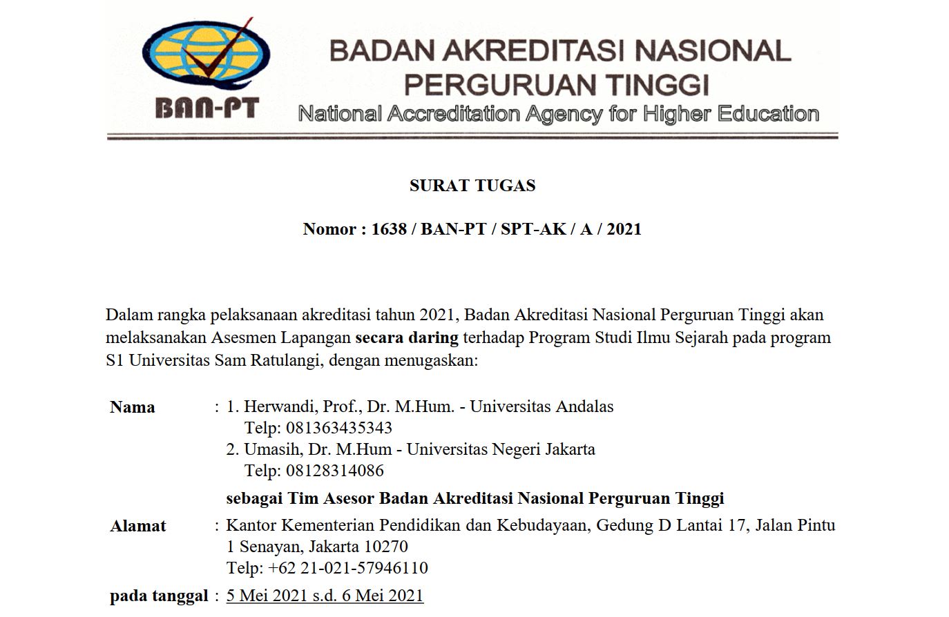 Asesmen Lapangan Reakreditasi Program Studi Ilmu Sejarah 5-6 Mei 2021