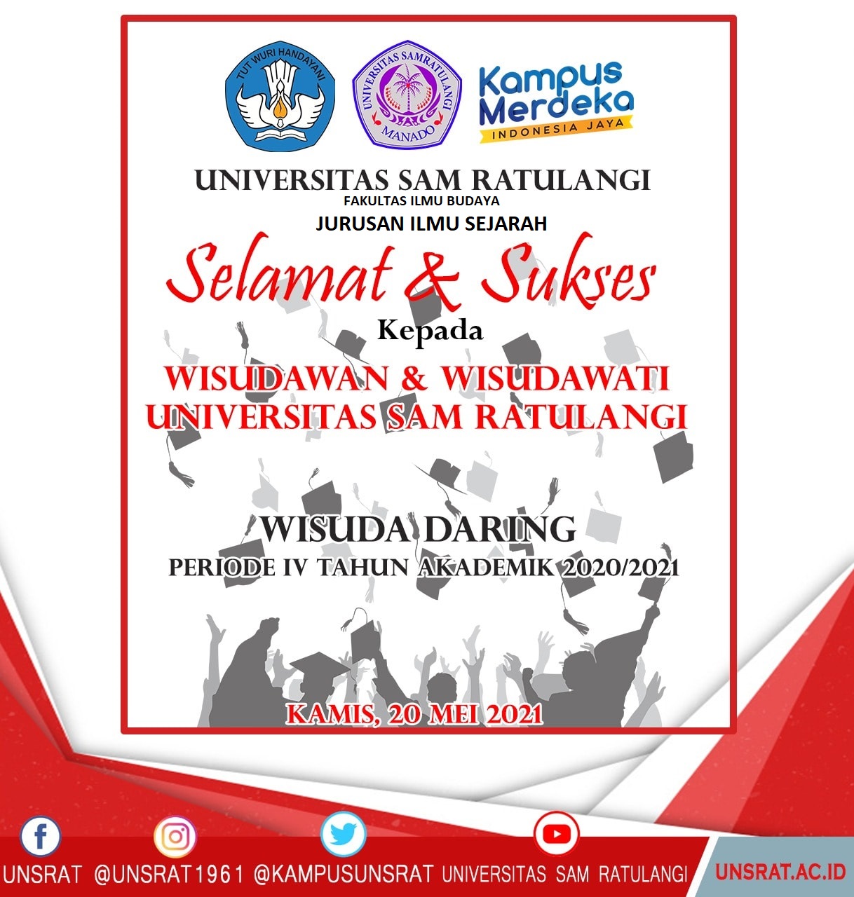 Ucapan selamat oleh Ketua Jurusan Ilmu Sejarah Dr. Ivan Kaunang, S.S., M.Hum kepada empat mahasiswa jurusan yang diwisuda 20 Mei 2021